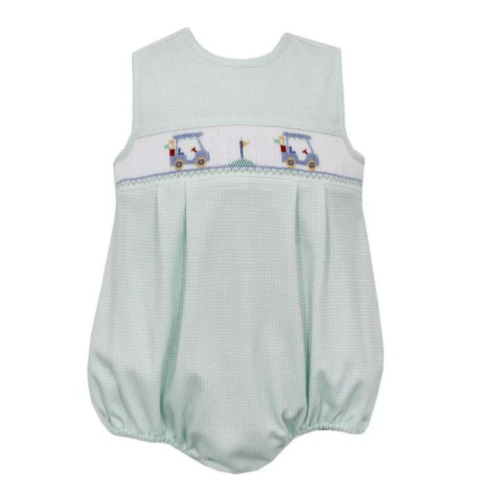 Petit Bebe Golf Cart Smocked Bubble in Green Gingham, size 24 mo